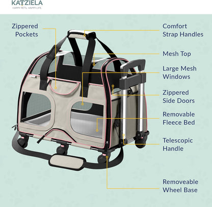 Katziela Pet Carrier - Airline Compliant Dog Carrier - TSA Approved Pet Carrier for Small Dogs and Cats - Soft FAA Travel Airplane Dog Carrier Luggage (Gray/Pink-6 Wheels)
