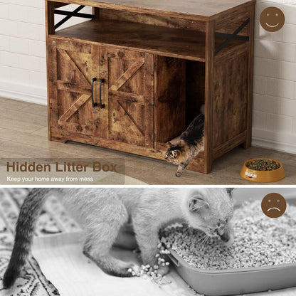 Cat Litter Box Enclosure, Hidden Litter Box Furniture with Scratch Pad, Farmhouse Indoor Cat House Washroom End Table, Rustic Brown