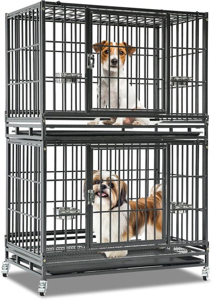 Homey Pet 37 Inch Heavy Duty Dog Crate Indestructible, Collapsible Dog Cage with Lockable Wheels, Removable Tray, High Anxiety Dog Kennel Indoor, Two Tiers Stackable Dog Crates for Medium Dogs