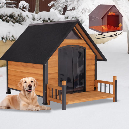 Large Outdoor Heated Dog House with Porch, All-Around Insulated Liner, Weatherproof Outside Dog House with Anti-Bite Metal Frame, Dog Kennel for Small Medium Large Dogs