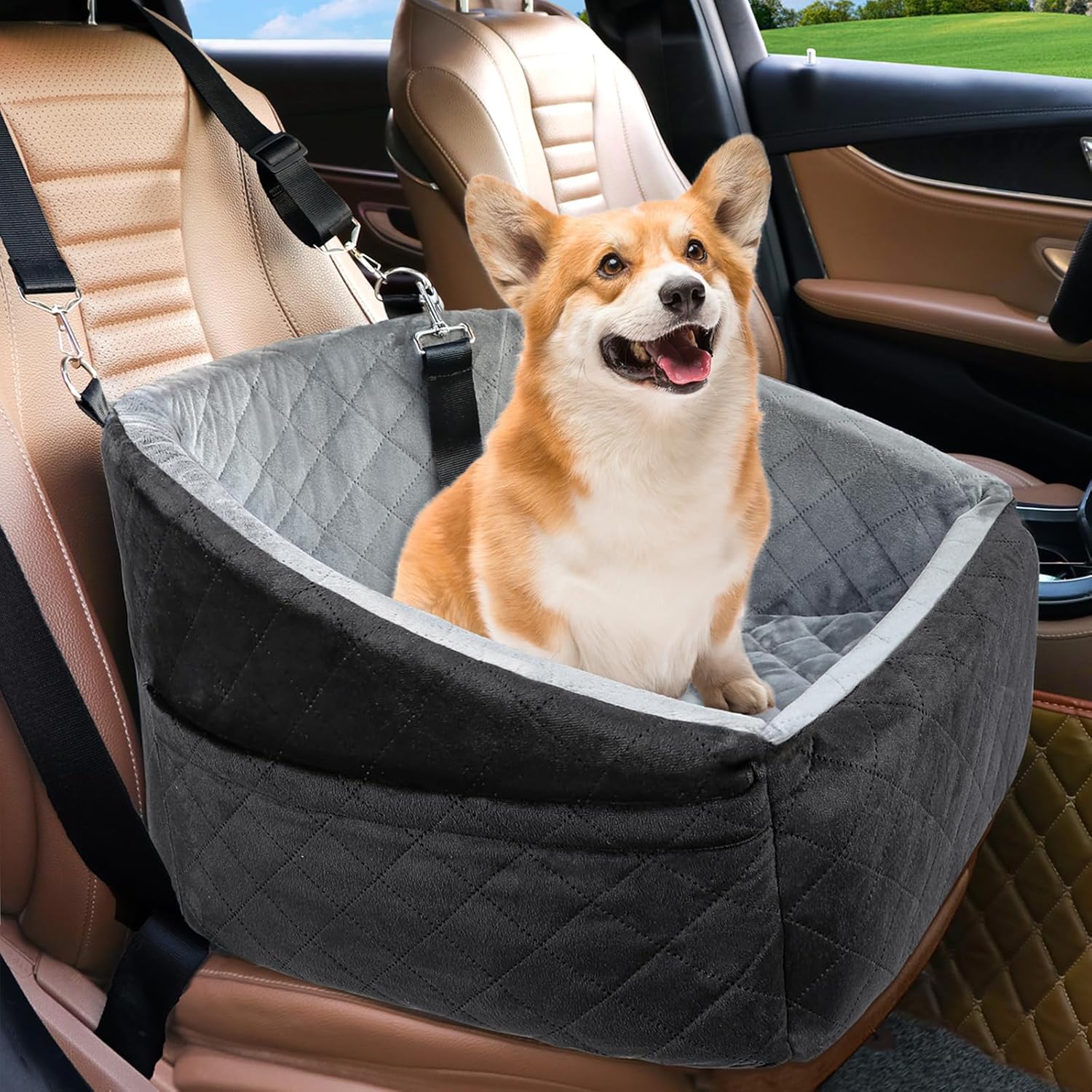 Dog Car Seat for Small Dogs,Detachable Washable Dog Booster Seat Under 30lbs, Pet Car Seat Travel Bed with Storage Pockets and Dog Safety Belt (Black/Grey) - Pawvie