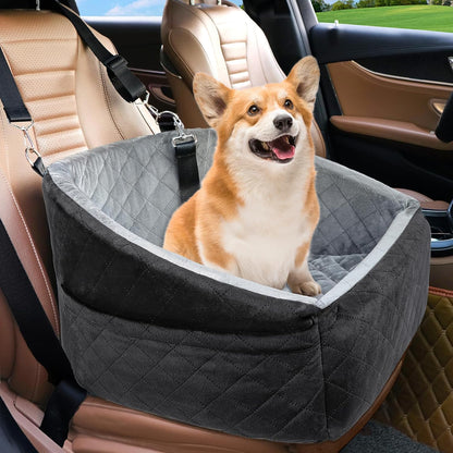 Dog Car Seat for Small Dogs,Detachable Washable Dog Booster Seat Under 30lbs, Pet Car Seat Travel Bed with Storage Pockets and Dog Safety Belt (Black/Grey) - Pawvie