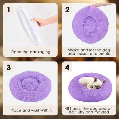 Hoewina Dog & Cat Bed, 20in Cat Beds for Indoor Cats, Calming Donut Bed for Puppy and Kitten, Washable Round Fluffy Pet Bed for Small Medium Dogs and Cats (Purple)