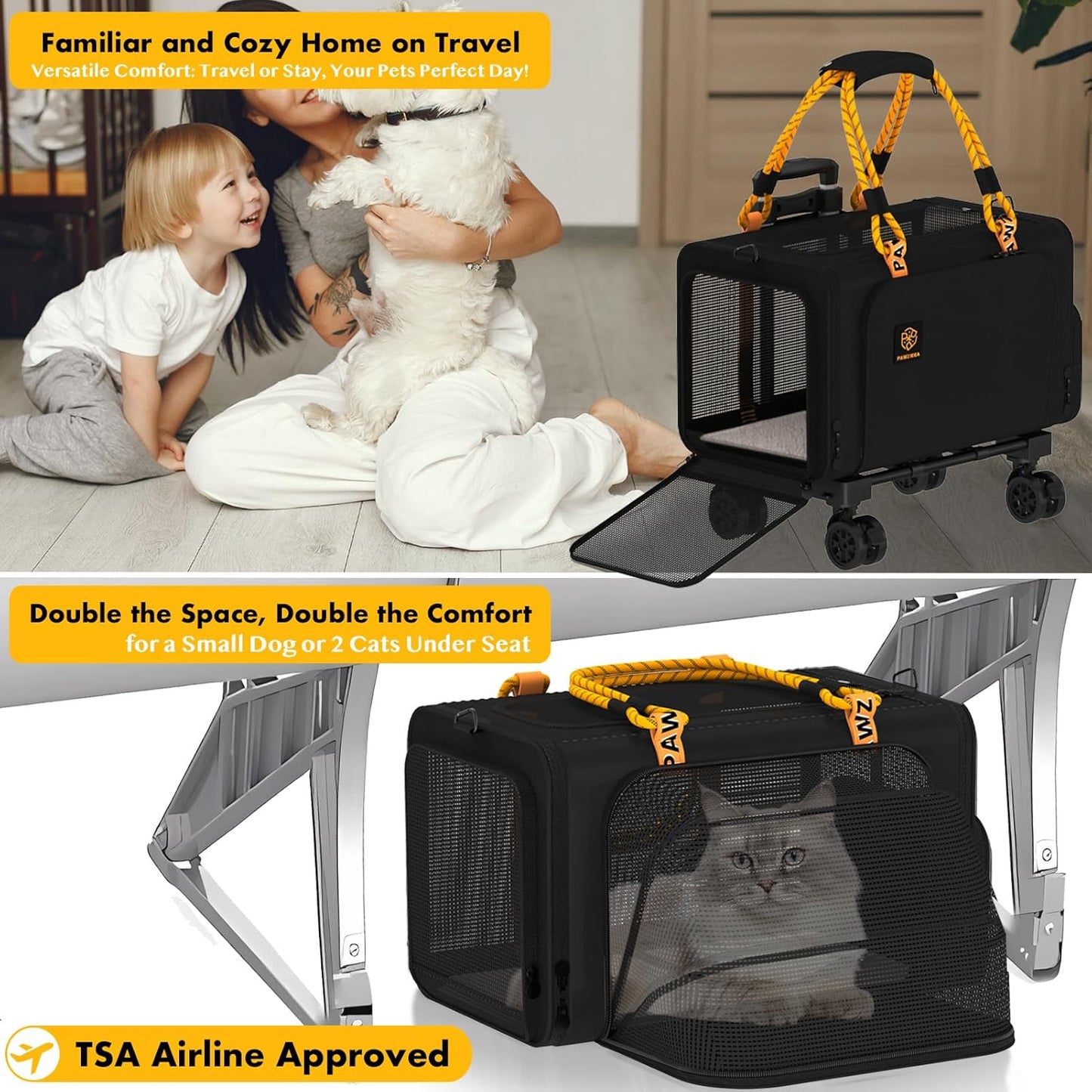 PAWZIDEA Pet Carrier with Wheels, 18x11x11 TSA Airline Approved Cat Carrier for 2 Cats Under Seat, Expandable Soft-Sided Rolling Dog Carriers for Small Dogs Travel Bag with Telescopic Handle, Black