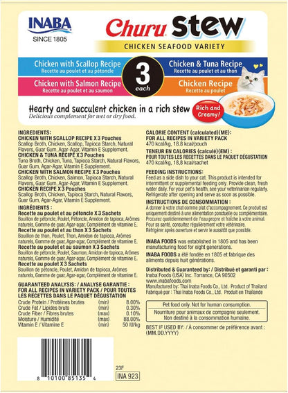 INABA Churu Stew for Cats, Side Dish Pouch with Vitamin E, 1.4 Ounces per Pouch, 12 Pouches, Chicken & Seafood Variety
