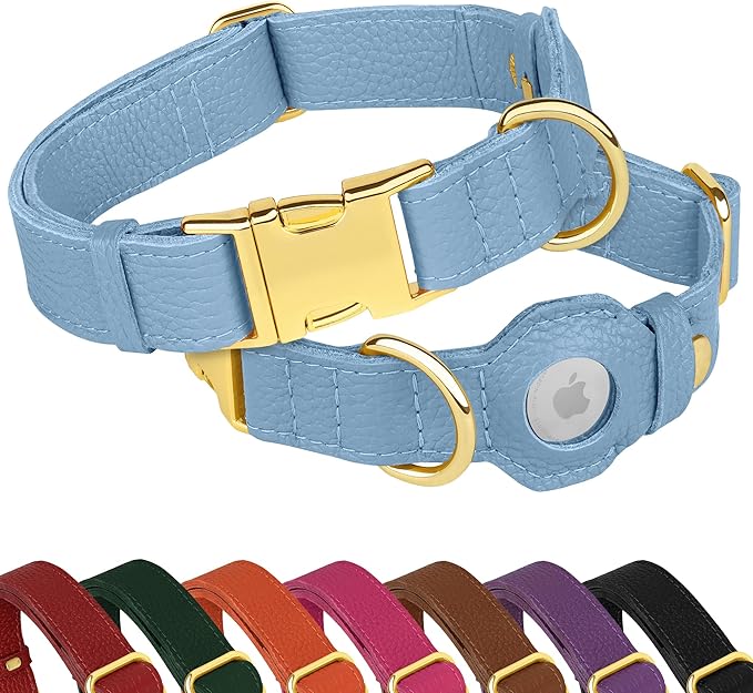 Leather Airtag Dog Collar - Soft Tracking Dog Collar with Apple AirTag Holder and Metal Buckle - Safety GPS Pet Collars for Small Medium Large Dogs Puppy Pink Red (Cornflower, M, 14"-18" Neck Fit)
