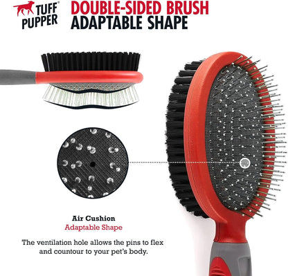 Tuff Pupper Double Sided Dog Brush, Detangling Tool for Dogs and Cats, Pin & Bristle Pet Brush, for and Hair Types, With Comfort-Grip Anti-Slip Handle, Brown, Black, White