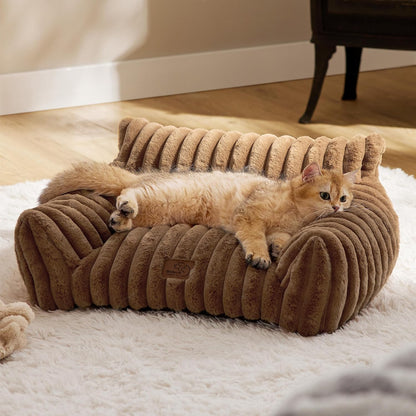 Bedsure Cute Cat Couch for Pets - Fluffy Cat Sofa with Premium Soft Corduroy Fleece, Fuzzy Pet Couch Bed with Removable Washable Cover, Supportive Pet Chair for Indoor Cats, 24inch, Copper Brown