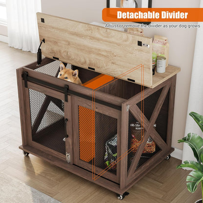 Dog Crate Furniture,37 Inch Indoor Dog Cage with Sliding Barn Door, Flip Top Dog Kennel End Table with Removable Divider, Farmhouse Wooden Pet House for Small to Middle Size Dogs