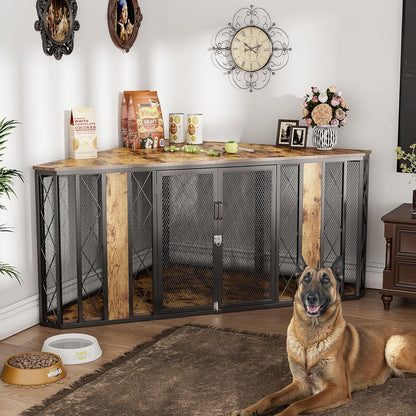 XL Corner Dog Crate Furniture, Decorative Dog Crates Dog Cage TV Stand with Diamond Metal Decoration, Wooden Dog Crate with Double Lock Design, Dog Crates Table, Retro Brown