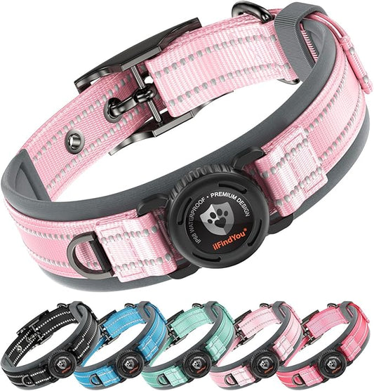 Upgraded AirTag Dog Collar with Holder, Waterproof Reflective Air Tag Dog Collar with Widened Comfortable Padding & Ultra-Durable Metal Buckle, Adjustable for Medium Dogs (M, Pink)