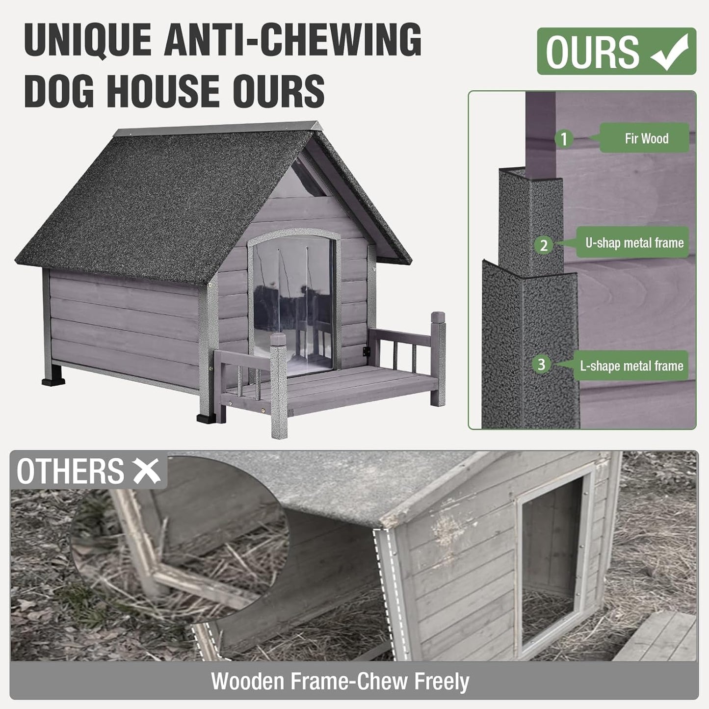 Dog House Outdoor with Anti-Chewing Iron Frame, Weatherproof Dog Kennel for Small Medium Large Dogs Indoor (Grey, 45" x 32.9" x 32.6")