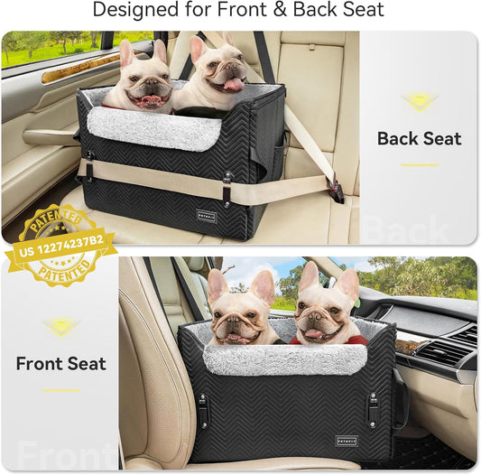 PETSFIT Dog Car Seat Medium Sized Dog, Waterproof PU Leather Dog Seat for Car with Patented Safe Buckles, 2 Clip-On Safety Leashes, Suitable for 2 Small Dogs (Medium, Black) - Pawvie