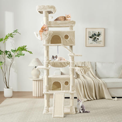 Cat Tree, 80-Inch Large Cat Tower with 9 Scratching Posts, 2 Perches, 2 Caves, 2 Basket, 2 Stairs, Extra Large Hammock, Pompoms, Multi-Level Plush Cat Condo for Indoor Cats/Beige