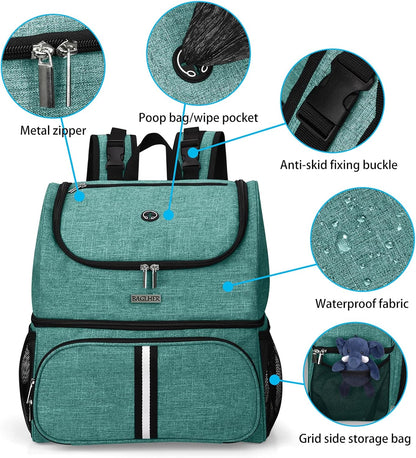 BAGLHER Pet Travel Bag, Double-Layer Pet Supplies Backpack (for All Pet Travel Supplies), Pet Travel Backpack with 2 Silicone Collapsible Bowls and 2 Food Baskets Green - Pawvie