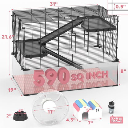 3-Tier Glass Hamster Tank, Large Hamster Cage Habitat with 11inch Big Running Wheel for Rat, Mouse, Gerbil, Syrian Hamster, 590 SQ INCHES