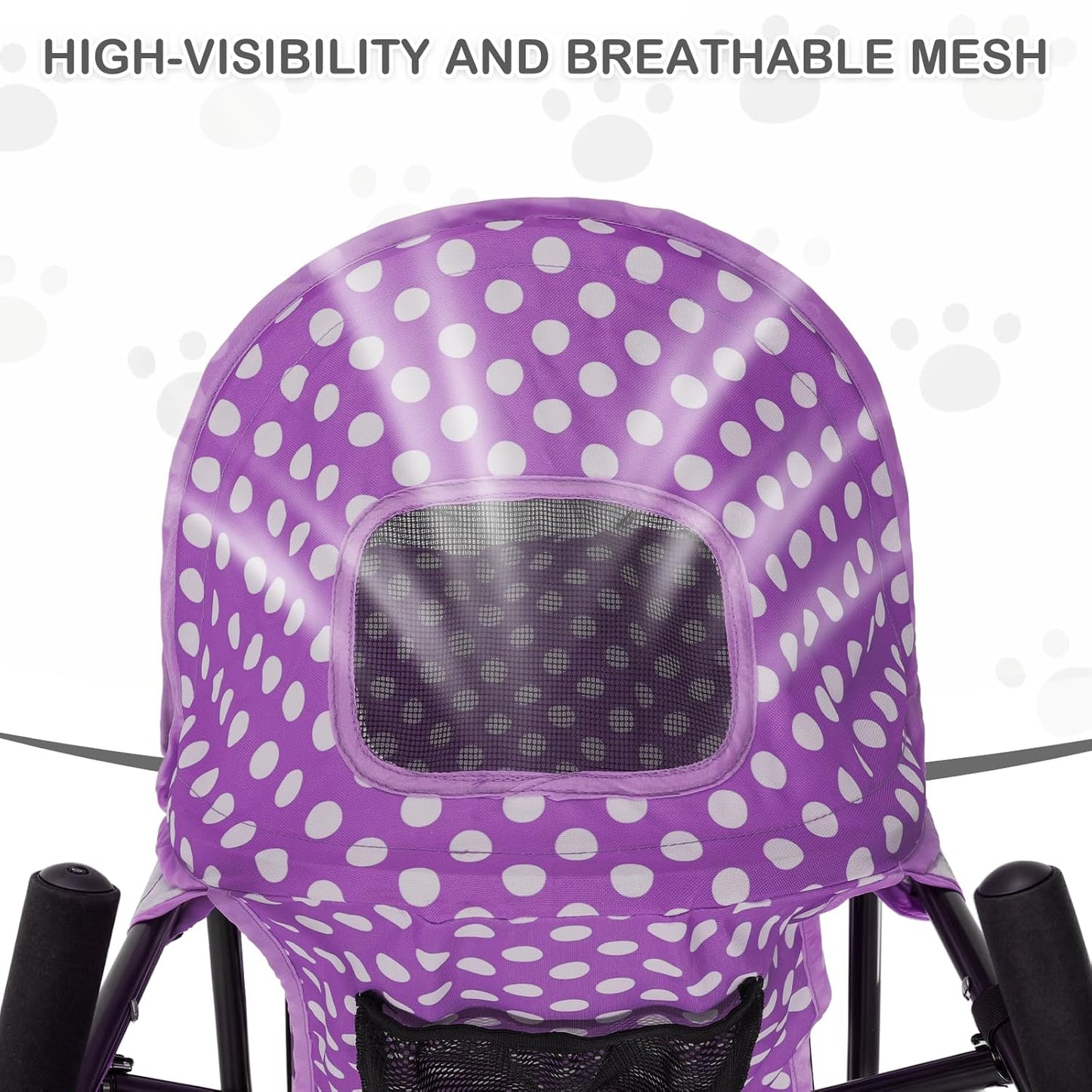 MoNiBloom 4 Wheels Pet Stroller, Easy-Fold Umbrella Shaped Dog Cat Jogger Stroller w/Storage Bag & Visible Mesh for Small/Medium Dogs Cats Purple Polka Dots - Pawvie