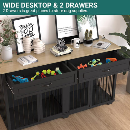 Large Dog Crate with Double Rooms, 72" Heavy Duty Wooden Dog Cage Furniutre Dog Crate Kennel w/Drawers & Removable Divider,Indoor Luxury Dog House for Large Dogs,Black