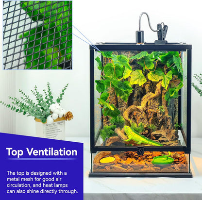 360° Clear View 12 Gallon 18x12.6x12.6 Glass Reptile Terrarium Suitable for Bearded Dragon, Chameleon, Crested Gecko, Multi-Pet Enclosure with Front Door, Excellent Ventilation, Hidden Wiring Holes