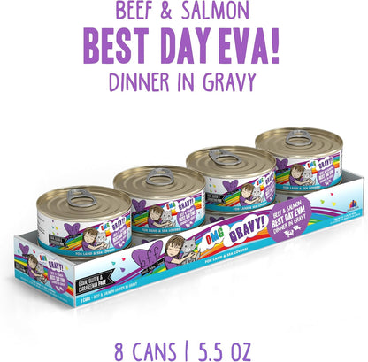 Weruva B.F.F. OMG - Best Feline Friend Oh My Gravy!, Best Day Eva! with Beef & Salmon in Gravy Cat Food, 5.5oz Can (Pack of 8)