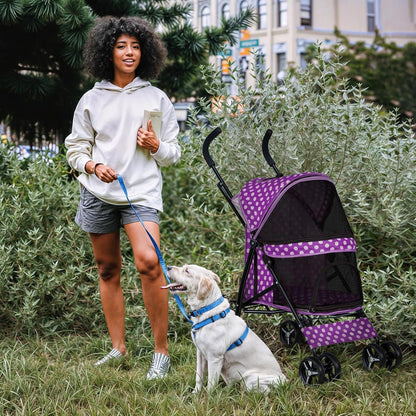 MoNiBloom 4 Wheels Pet Stroller, Easy-Fold Umbrella Shaped Dog Cat Jogger Stroller w/Storage Bag & Visible Mesh for Small/Medium Dogs Cats Purple Polka Dots - Pawvie