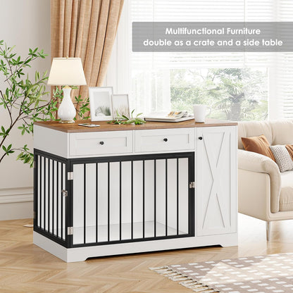 Dog Crate Furniture Kennel with Double Doors Wooden Pet House with 2 Drawers and Storage Cabinet, Indoor Dog Cage Farmhouse Modern Side End Table for Small Medium Dogs, White