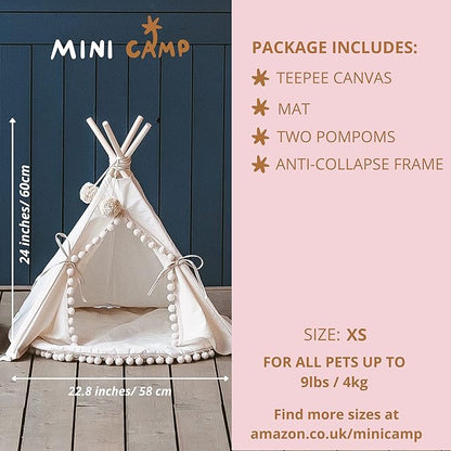 MINICAMP Pet Teepee Tent with Padded Mat – Cozy Cotton Hideaway Tent for Rabbits, Puppies, Cats & Guinea Pigs – Pet Accessories for Indoor - Made in EU XS