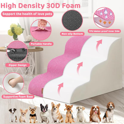 Dog Ramp and Stair for Bed 16" H-20 H,3-Step Cat Stair for Sofa and Chair,4-Step Dog Ramp for High Bed and Window,Durable Nonslip Fabric Cover for Indoor (Pink-16 H, Pet Friendly, 3)