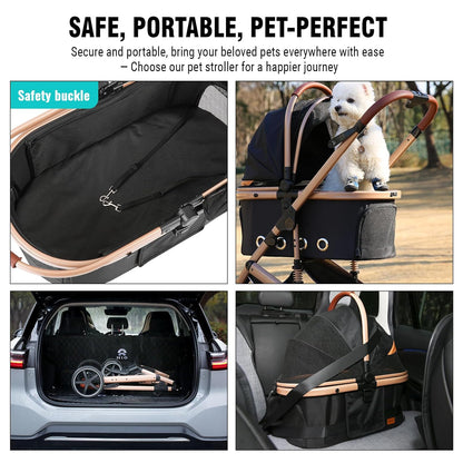 EchoSmile 4 in 1 Pet Stroller, Folding Lightweight Cat & Dog Stroller with Detachable Carrier, NO-Zip 180° Reversible Canopy, All Terrain 4-Wheel,45 lbs Capacity for Small to Medium Dogs