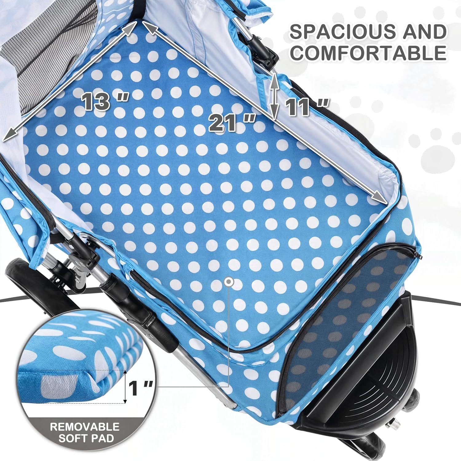 MoNiBloom 3 Wheels Pet Dog Cat Stroller for Small Medium Dogs Cats, Foldable Jogger Stroller w/Storage Basket and Cup Holder, Sky Blue Polka Dots - Pawvie
