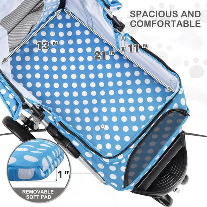 MoNiBloom 3 Wheels Pet Dog Cat Stroller for Small Medium Dogs Cats, Foldable Jogger Stroller w/Storage Basket and Cup Holder, Sky Blue Polka Dots - Pawvie