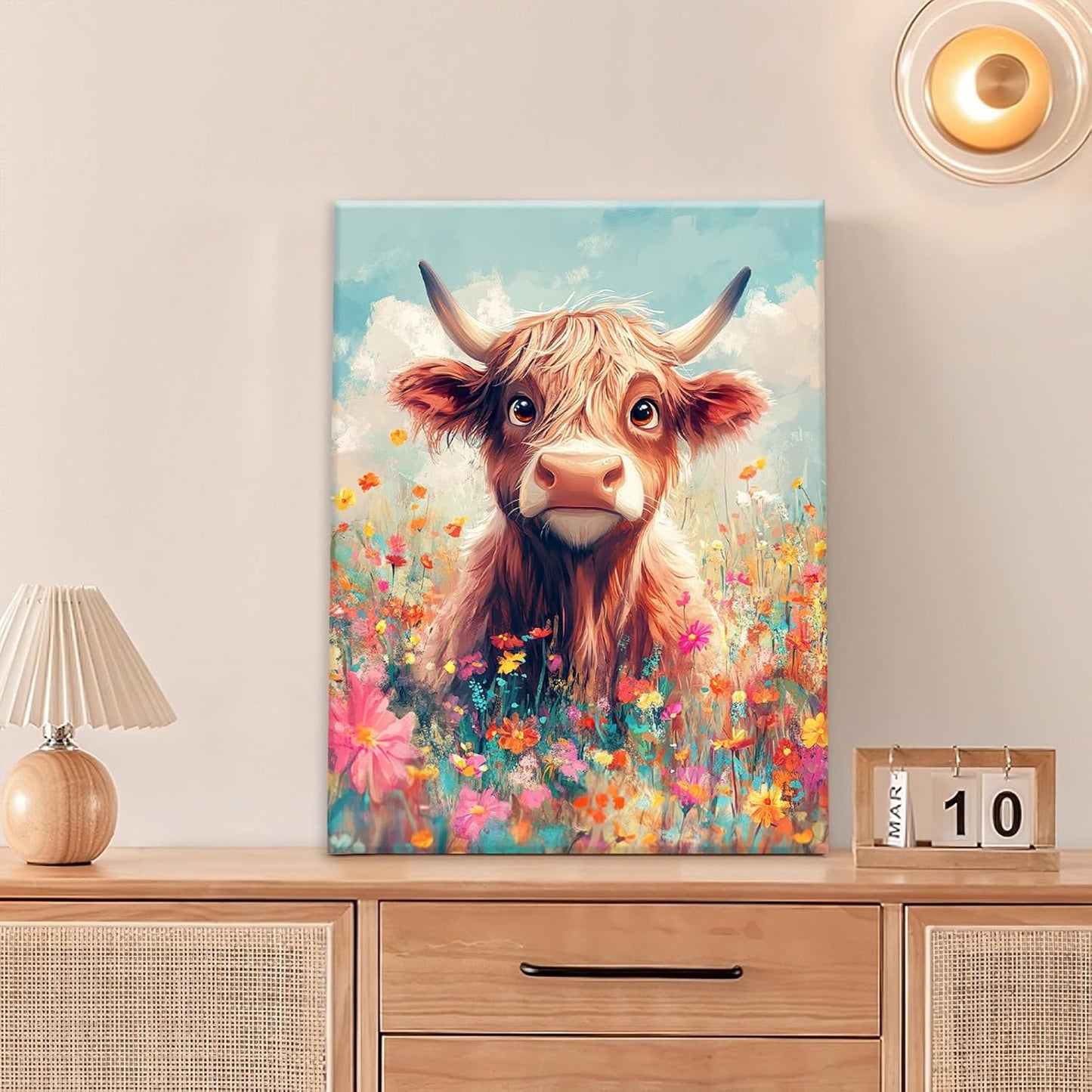 Highland Cow Wall Art Canvas Flower Cattle Wall Decor Prints Framed Painting Animal Pictures Gifts Artwork for Bathroom Living Dining Kitchen 12"x16"