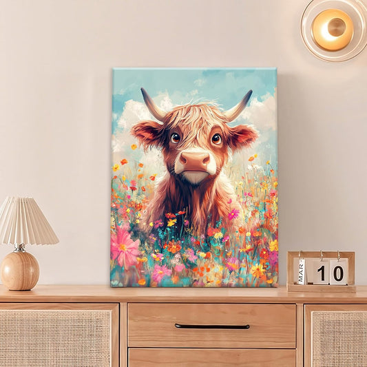 Highland Cow Wall Art Canvas Flower Cattle Wall Decor Prints Framed Painting Animal Pictures Gifts Artwork for Bathroom Living Dining Kitchen 12"x16"