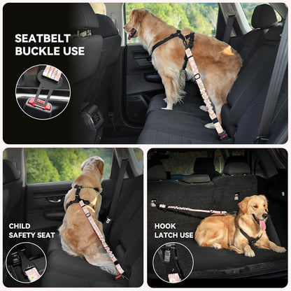 Pawaboo Dog Seatbelt for Car, 3-in-1 Dog Seat Belt Bungee, Shockproof Dogs Tether for Car with Buckle & Hook Latch, Adjustable Reflective Dogs Cars Harness Leash with 360° Lockable Buckle, Light Pink
