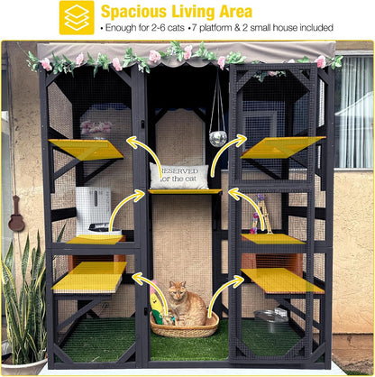 Aivituvin Catio Outdoor Cat Enclosure Large Cat House for Mulitiple Cats Walk in Kitty Cage with Tarp Roof 70" Black