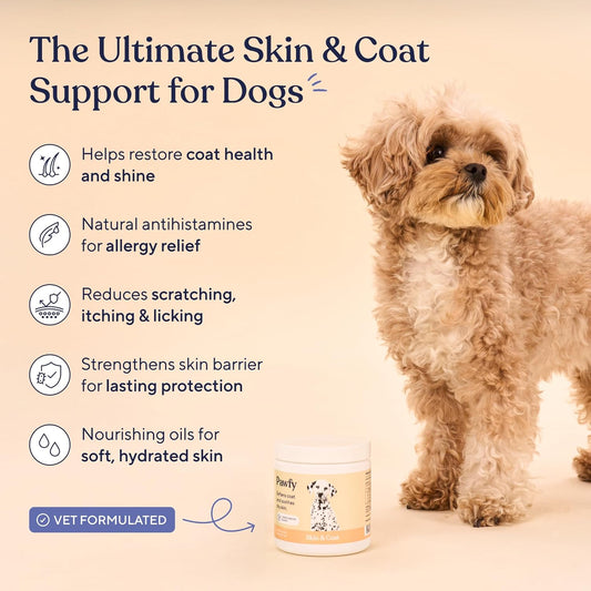 Pawfy Skin & Coat with Salmon Oil - Dog Allergy Relief Chews | Advanced Licking Paws Comfort | Dog Itching Skin Relief & Seasonal Allergies Support - Immune Support & Coat Defense | 30 Chews (Chicken)