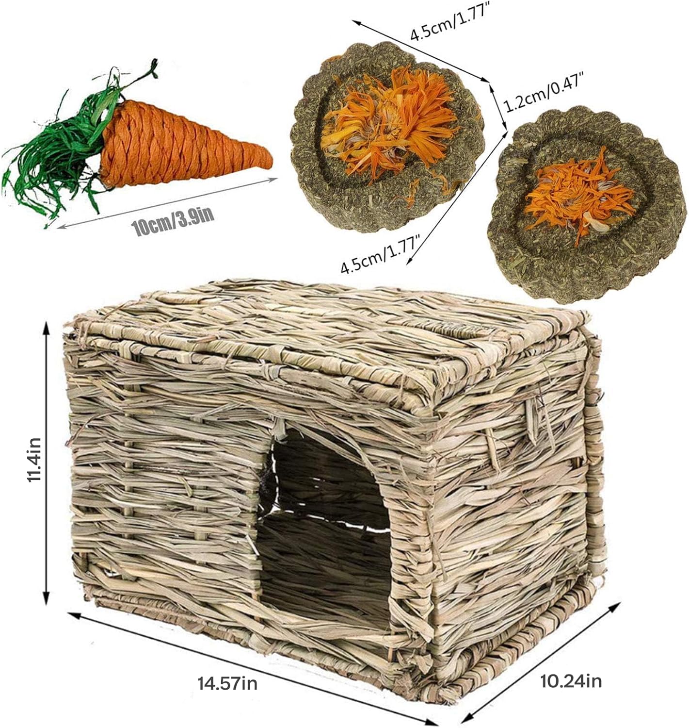 kathson 2 Pcs Large Rabbit Grass House Natural Foldable Hand Woven Seagrass Bed Carrot Hay Toy Hut Safe Comfortable Playhouse with Bunny Chew Toys for Bunny Hamster Guinea Pig Chinchilla Ferret