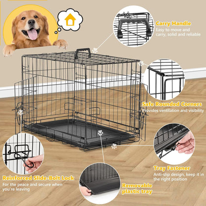 DUMOS Dog Crate with Double Doors, Metal Foldable Pet Cage with Divider Panel and Removable Tray, Portable Large Kennel for Outdoor Indoor with Handle, Black, 42 Inch