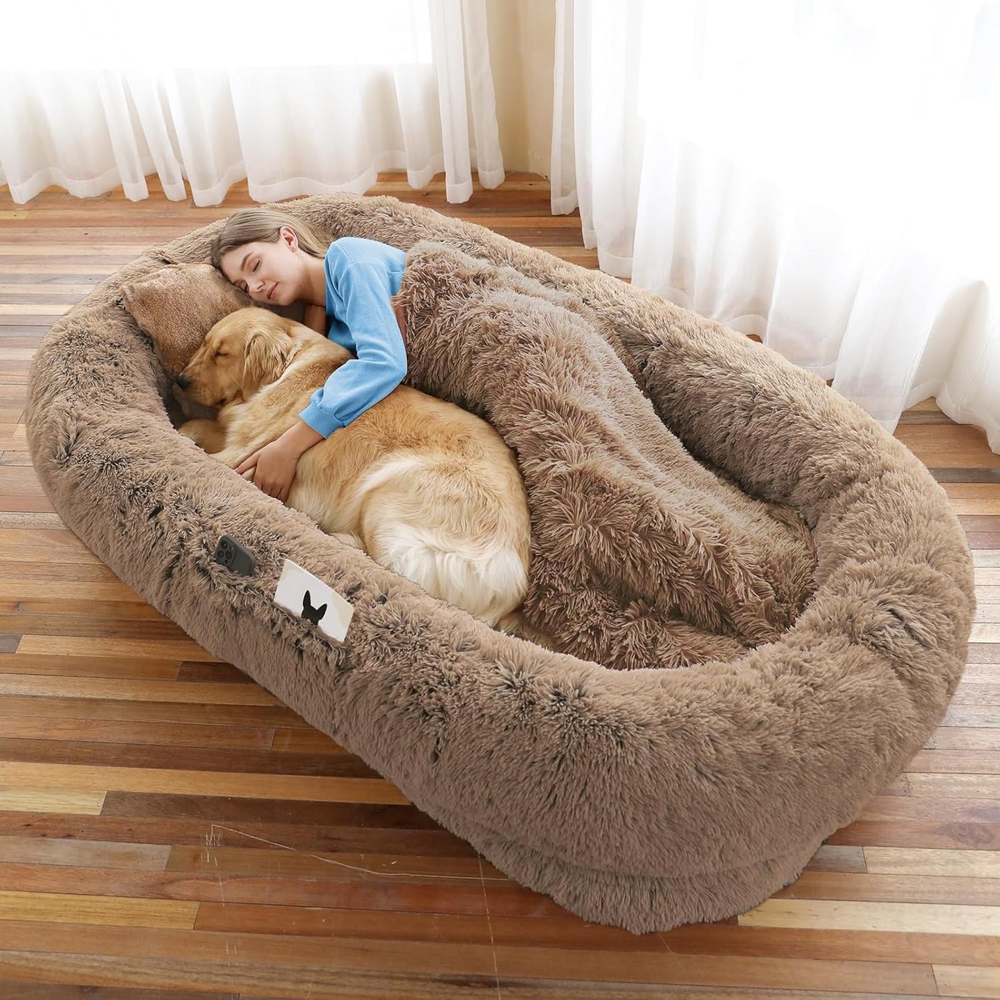 Human Dog Bed, Large Dog Beds for Humans Size Fits You and Pets, Washable Faux Fur Orthopedic Human Pet Bed for People Doze Off, Napping, Present Pillow, Blanket, Strap - Khaki