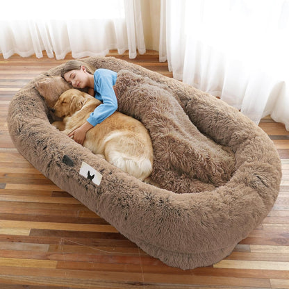 Human Dog Bed, Large Dog Beds for Humans Size Fits You and Pets, Washable Faux Fur Orthopedic Human Pet Bed for People Doze Off, Napping, Present Pillow, Blanket, Strap - Khaki
