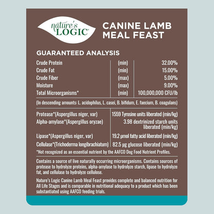 NATURE'S LOGIC Dry Dog Food - 100% Natural - No Synthetics - for All Ages, Sizes, Breeds - Free from Common Allergens, High Protein - Lamb Meal Feast, 25lbs
