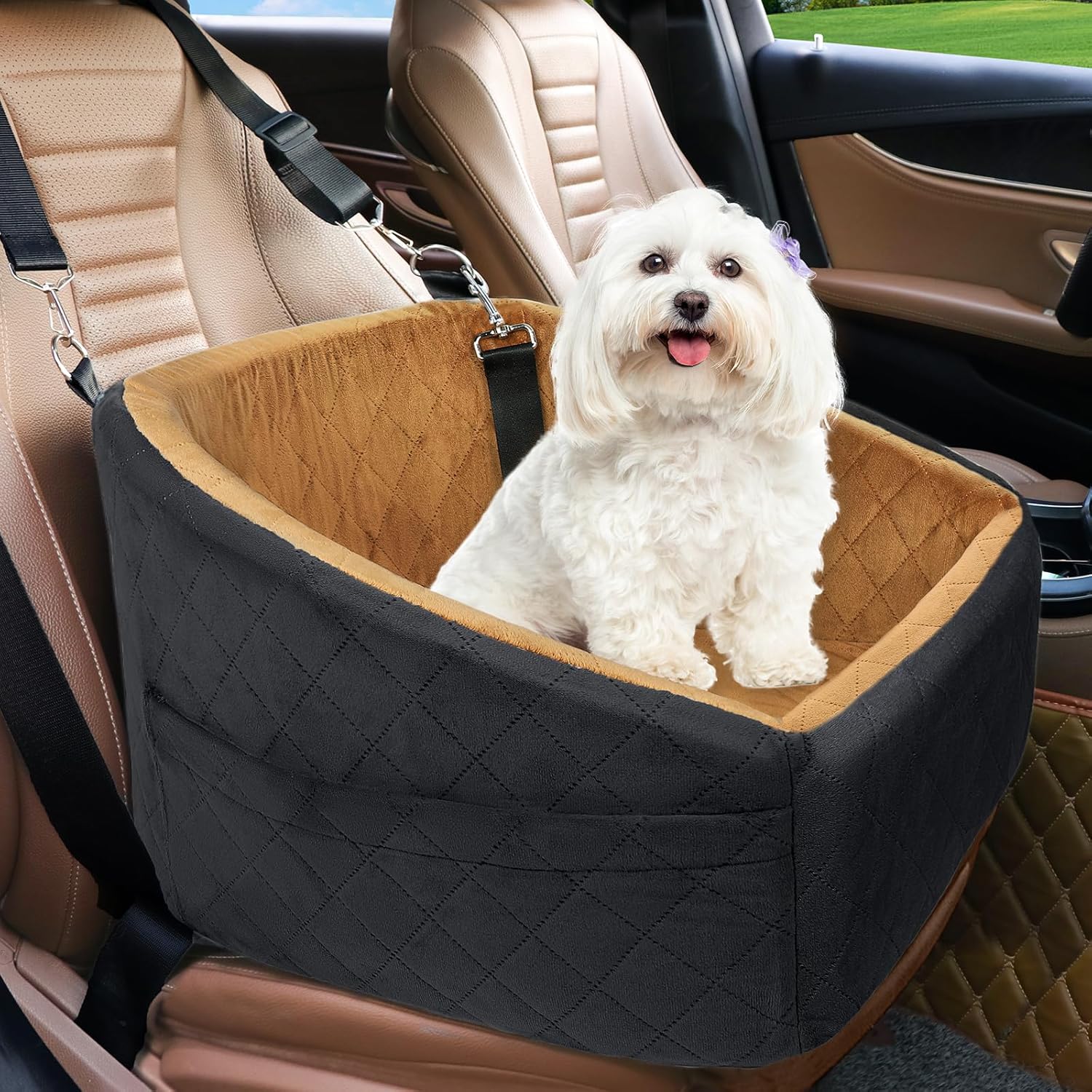 Dog Car Seat for Small Medium Dogs,Detachable Washable Dog Booster Seat Under 30lbs, Pet Car Seat Travel Bed with Storage Pockets and Dog Safety Belt(Black/Brown) - Pawvie