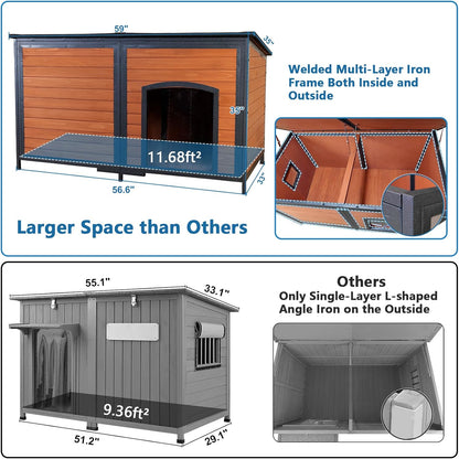 Extra Large Dog House Outdoor Weatherproof 59.1" Outside Wooden Dog Kennel, Chewproof Strong Iron Frame Window