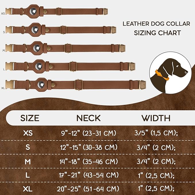 AirTag Dog Collar - Genuine Leather Dog Collar with Apple AirTag Holder and Metal Buckle - Smart GPS Tracking Pet Collars (Tawny, L, 17"-21" Neck Fit)