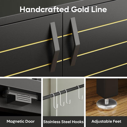 Bestier 20-29 Gallon Fish Tank Stand with Power Outlets, Metal Long Aquarium Stand with Storage Cabinet, 31x15 Reptile Terrarium Stand with Horizontal Gold Line, Stainless Hooks, 350 Lbs(Black)