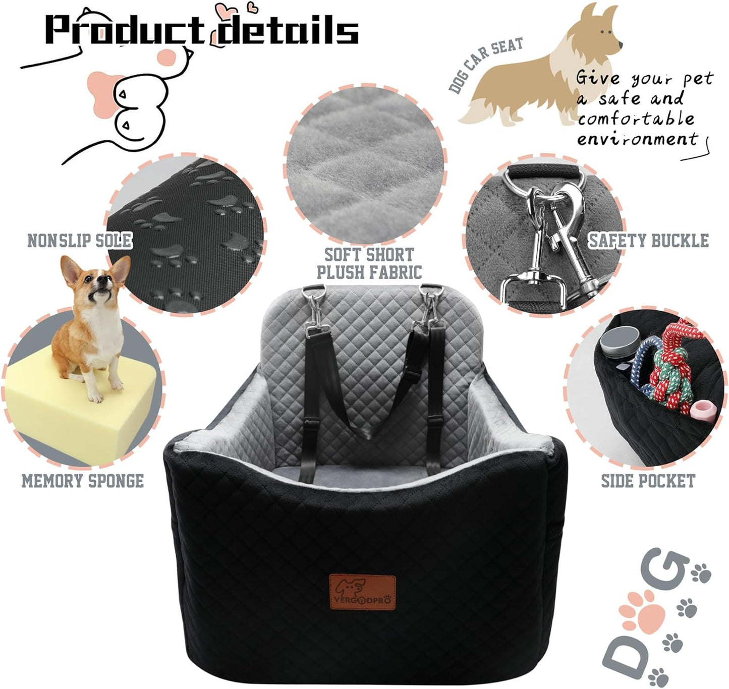 Dog Car Seats-Memory Sponge and Velvet Pet Booster Car Seat,Safety and Comfy,Ride Height 6" Elevated Enough to See Out The Window,Both Front and Back Seats Apply,Esay to Install and Clean.(H-Black) - Pawvie
