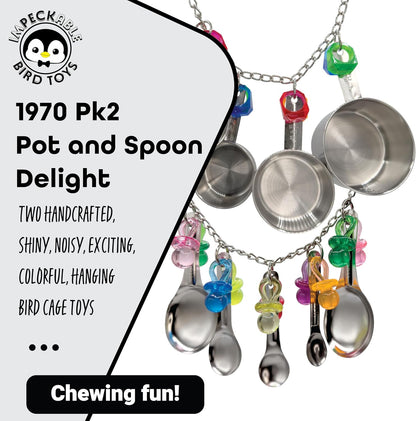 1970 Pk2 Pot and Spoon Delight Features Shiny pots and Spoons with Acrylic Rings and Pacifiers, Handcrafted for African Greys Amazons Macaws