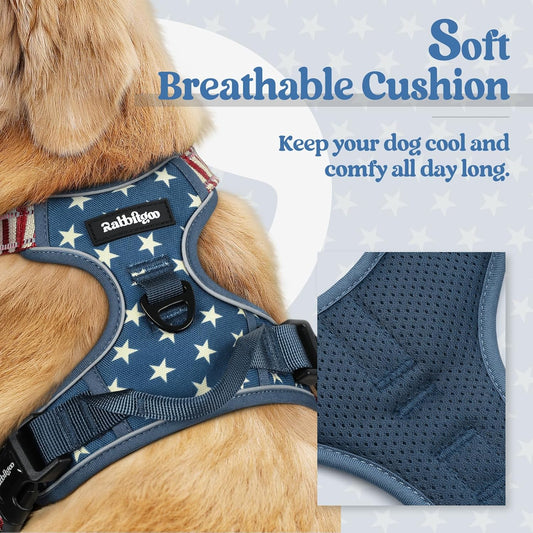 rabbitgoo Dog Harness No Pull with 2 Leash Clips, Adjustable Soft Padded, Reflective Oxford No Choke Pet Vest with Easy Control Handle for Large Dogs, Blue Star, L