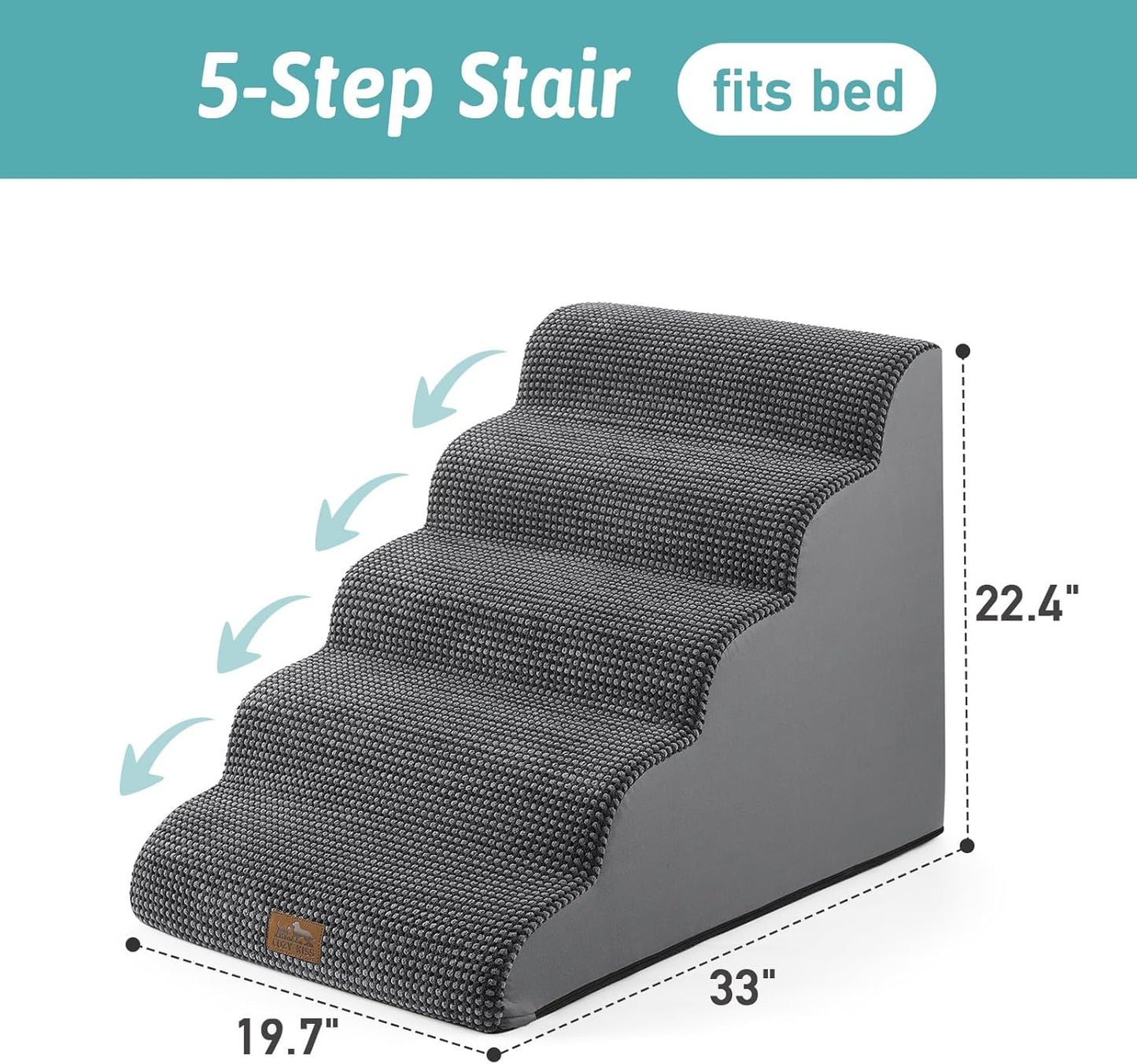 Extra Wide Dog Stairs 19.7" Width, Large Pet Step for Small Medium Dog, Puppy or Cat, Ramp for High Bed or Car, High Density Foam Ladder, Stable, 5 Step, 19.7x33x22.4 in, Dark Grey