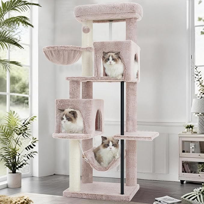 51.2'' Cat Tree Tower, Cat Tower with Scratching Post, Sturdy Steel Pube Cat Tree for Inoor Cats Large Adult, Cat Hammock and Basket, Padding Top Platform, Mushroom GCT014MU